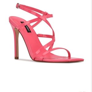 Nine West Tilas Neon Hot Pink Patent Leather Square Strappy Sandal Heels Shoes